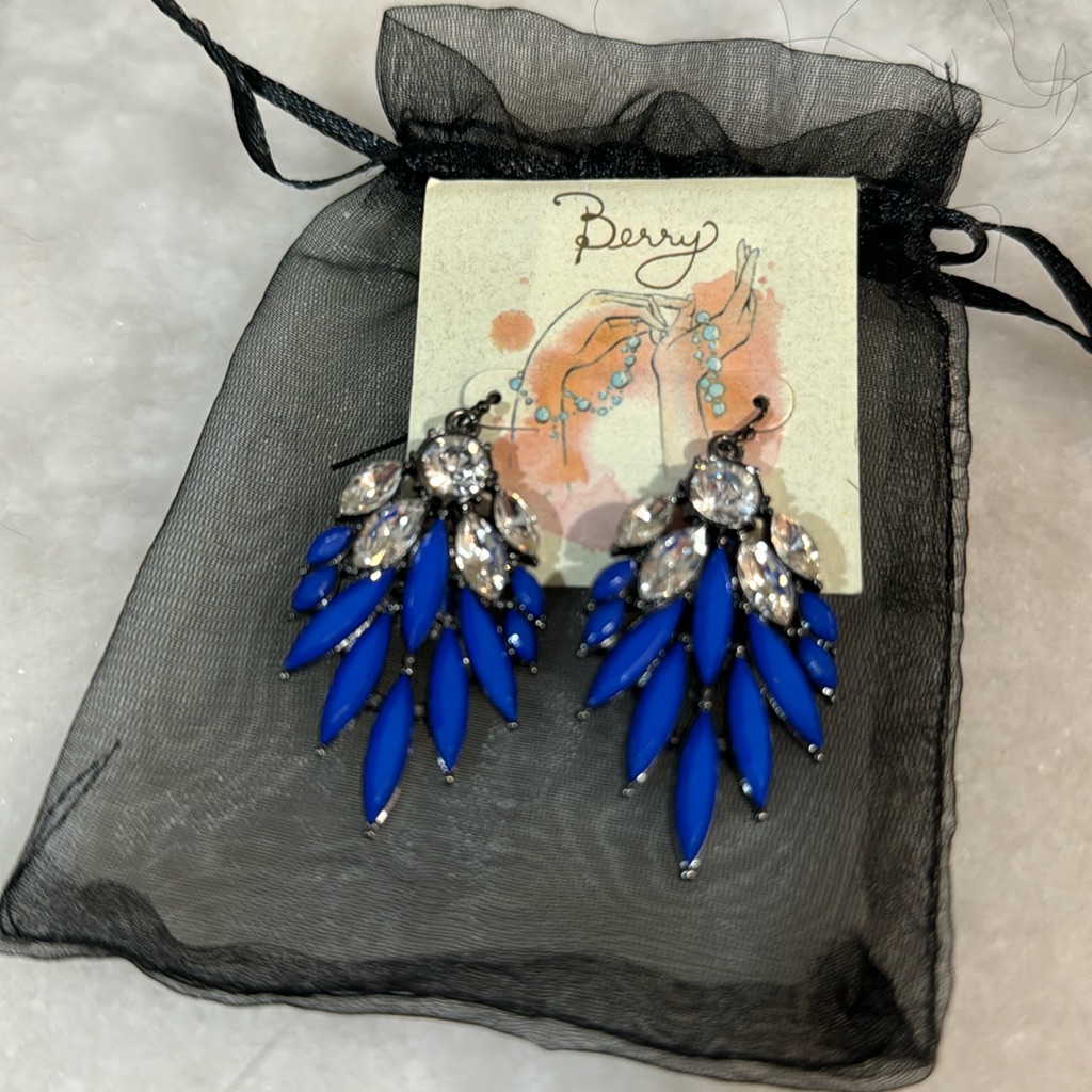 Lovely Royal Blue And Rhinestone Drop Earrings